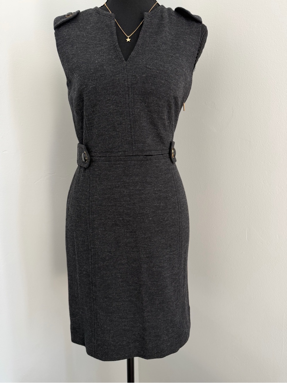 Tory Burch XS Charcoal Wool Blend Sleeveless Sheath Dress Gold Buttons